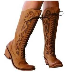 Women 's Western Cowboy Lace-up Boots Patchwork Classic Vintage Retro Cowgirls